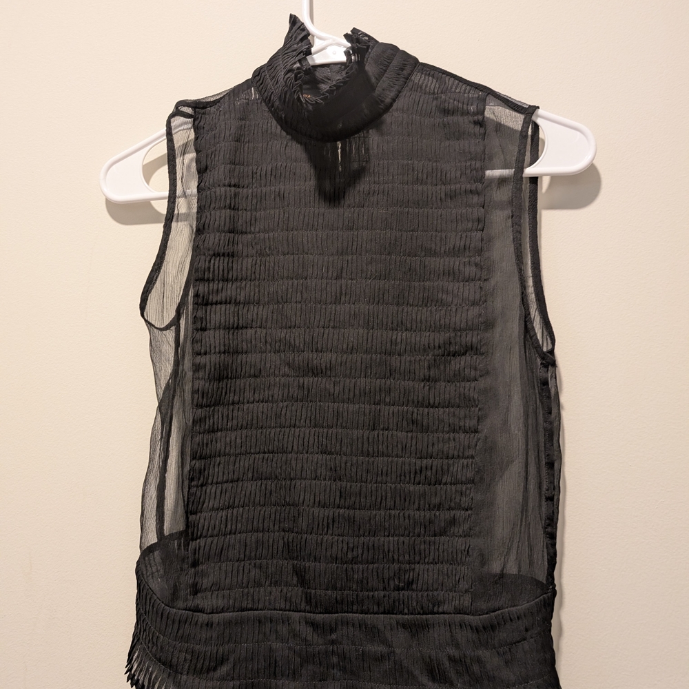 BCBGMaxAzria Black Sheer Sleeveless Pleated Drop Waist Top - Picture 6 of 6